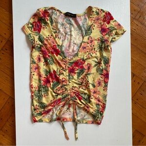 Tropical Yellow Floral Ruched Blouse Hibiscus Flower Drawstring Short Sleeve